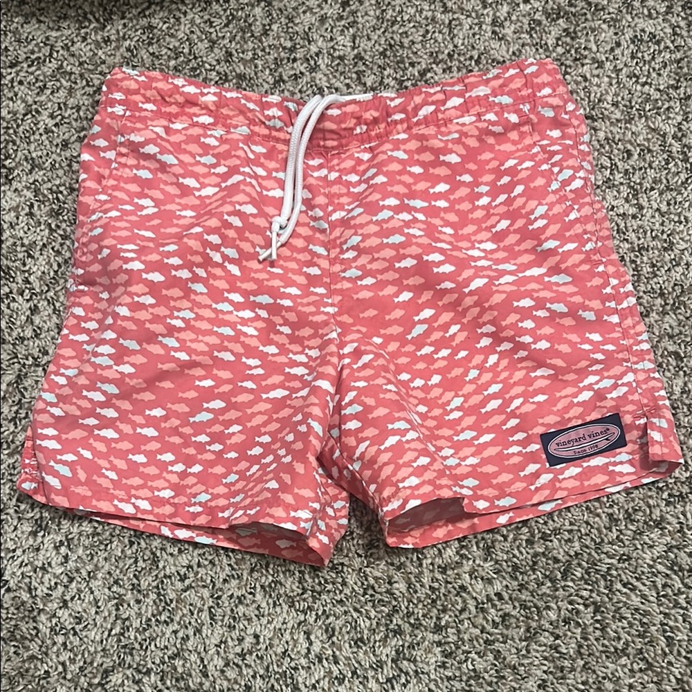 Vineyard Vines Coral Swim Shorts with White Pattern